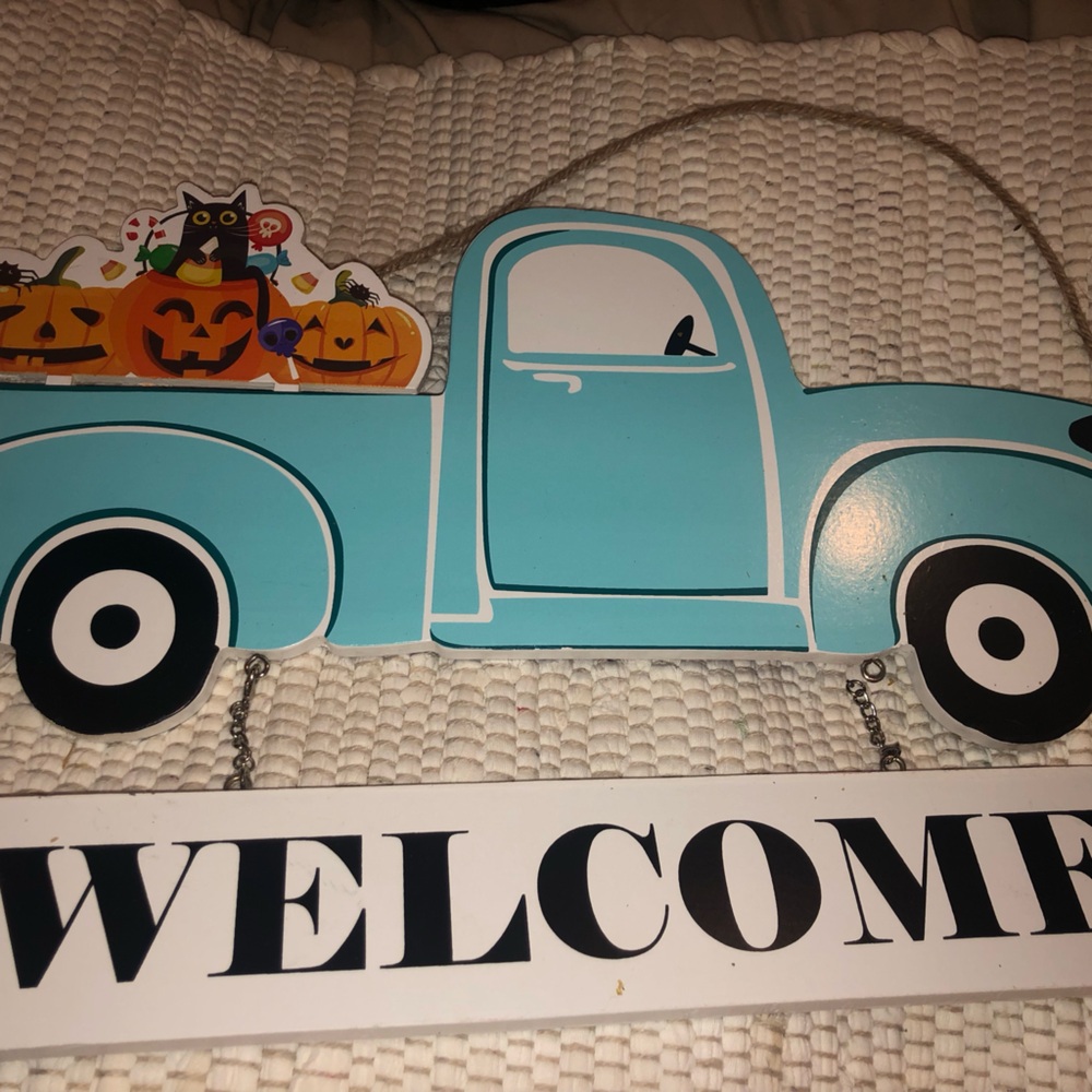 Blue and White Vintage Truck Welcome Sign